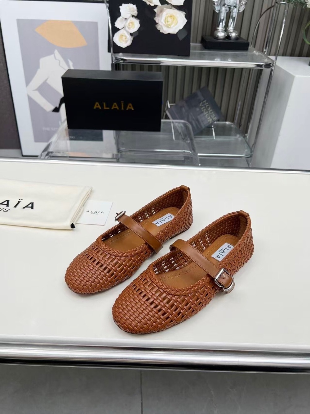 Alaia Brown Woven Mary Jane Flats - Picture 3 of 8